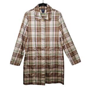 Vintage Y2K Gap Plaid Raincoat Trench Car Coat Women's Medium Pink Brown Button